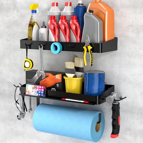 "Taozun Garage Paper Towel Holder, 2 Pack Garage Organization, 12"" Paper Towel Holder, Garage Shelf Wall Mount with 8 Hooks for Tool Room(Black)"