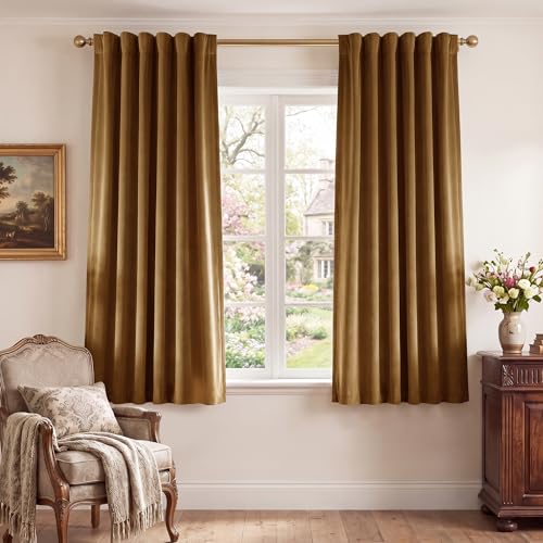 StangH Velvet Curtains, Gold Brown Curtains, Thermal Insulated Rod Pocket Back Tab Room Darkening Drapes for Bedroom, Living Room, Home Theater, 52 x 63 inches, 2 Panels