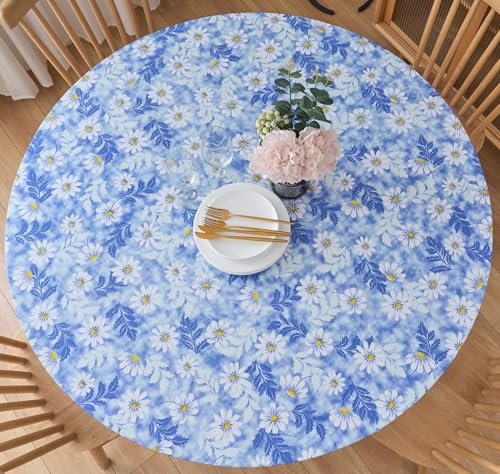 "Pioggia Round Vinyl Fitted Tablecloth with Flannel Backing Elastic Table Cloth Waterproof Oil-Proof Plastic Table Cover Best for 45""-56"" Round"