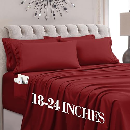 Mocassi Luxury 6-Piece Sheet Set, Ultra Soft 1800 Premium Hotel Quality Microfiber Sheet Set, Fits Mattresses Up to 18 to 24 Inches Extra Deep Pocket - Breathable and Secure Fit, Queen, Burgundy