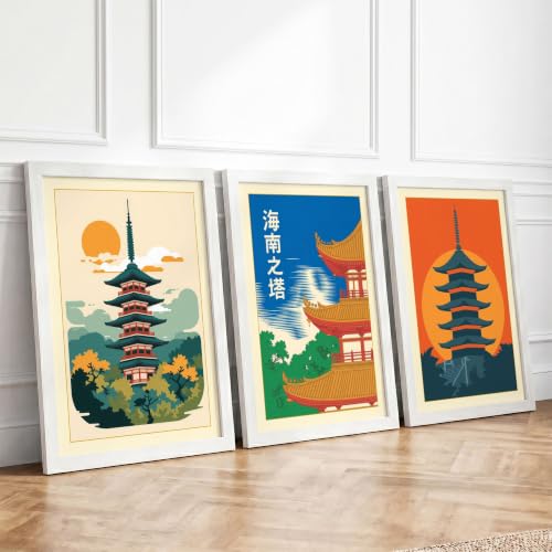 Eastern Pagodas at Dawn Mid-Century Set of 3 Framed Wall Art Prints A3