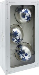 Vitbis Glass Christmas Ornaments Set of 3 Unique Baubles Hand-Decorated Hand-Painted Diameter 10 cm in Silver with Winter Snowflakes Decoration