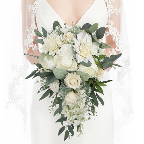 Rinlong White Green Cascade Bouquet Wedding Bouquets for Bride Cascading Wedding Bouquet Bridal Bouquet Artificial Flowers