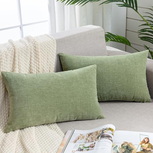 "Lumbar Support Pillow Decorative Rectangle Throw Pillow Covers 12""x20"" Inch Set of 2,Super Soft Chenille Fall Pillowcase for Living Room Bedroom Sofa Couch Cushion Cover Green 30x50cm (No Insert)"