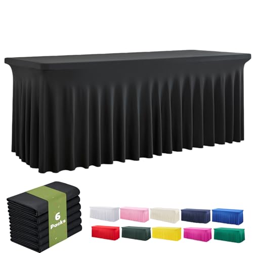 leegleri 6 Pack Black Spandex Table Clothes for 6 Foot Rectangle Tables, Wrinkle Free Fitted Table Cover 6ft Stretch Tablecloths with Skirt for Parties Weddings Birthday Banquet Baby Shower