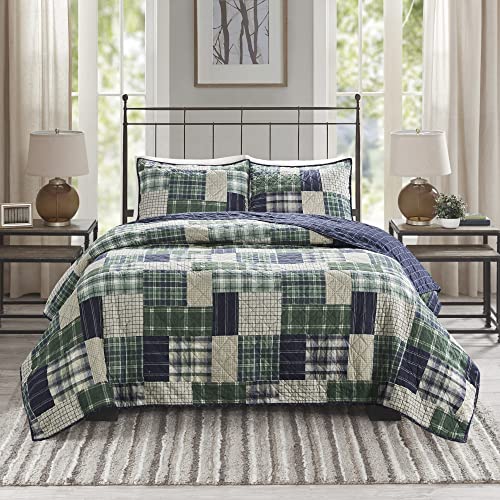 "Madison Park Reversible Quilt Cabin Lifestyle Plaid Design - All Season, Breathable Coverlet Bedspread Bedding Set, Matching Shams, Full/Queen(90""x90""), Green/Navy 3 Piece"