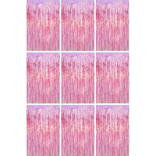 Voircoloria Pink Foil Fringe Backdrop Curtains, 3.3x6.6ft, 9pcs - Tinsel Streamers, Birthday Party Decorations, Baby Shower, Gender Reveal, Graduation