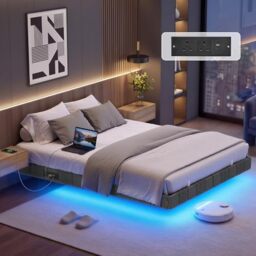 VASAGLE Double Floating Bed Frame 135 x 190 cm, Platform Bed with LED Lights and Charging Station, Padded Sides, 2 AC Outlets, 1 USB-A Port, 1 USB-C Port, Supports up to 500 kg, Slate Grey RMB166G101