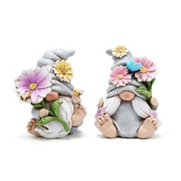 Hodao Set of 2 Spring Gnome Decorations Flower Gnomes Ornaments Decor Summer Outdoor Figurines Spring Elves for Porch, Garden Yard, Flower Bed Garden Gifts for Women, Mom (Grey)