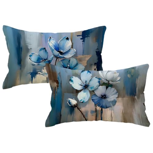 ULOVE LOVE YOURSELF 2Pack Flowers Decorative Pillow Covers Modern Blue Poppy Design Cushion Covers Oil Painting Pretty Floral Lumbar Pillowcases 12x 20 Inch Farmhouse Spring Summer Decorations (Blue)