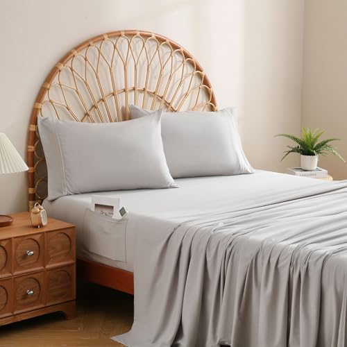 JSD Light Grey Full Size Sheet Set with Side Storage Pocket, 4 Piece Soft Brushed Microfiber Bed Sheets 16 inch Extra Deep Pocket
