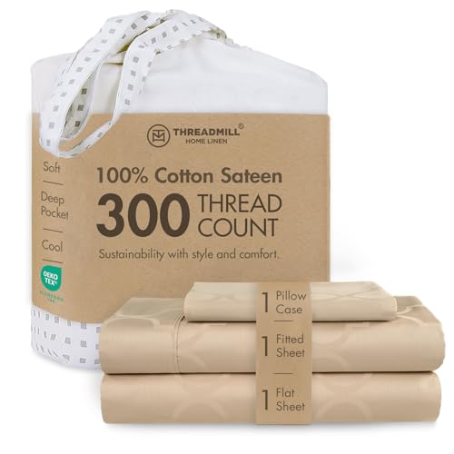 "Threadmill 300 Thread Count Cotton Twin Sheet Set, Sateen, Jacquard, Beige - 100% Cotton, Sateen Weave, Jacquard Pattern, 3-Piece Set, 16"" Deep Pocket, Cooling, Breathable, OEKO-TEX Certified"