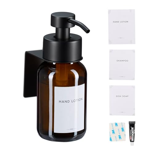 Relaxdays Soap Dispenser, 1-Piece, 250 ml, Glass, Stainless Steel, Wall-Mounted, Adhesive, Sanitiser Pump, Brown/Black