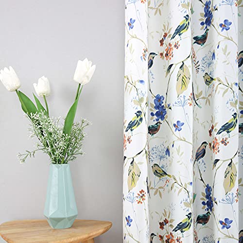 Leeva Blue Window Treatment Curtains for Sliding Door, Garden Elegant Style Birds Print Pattern Grommet Curtain and Drapes for Living Room, 2 Panels, 52x84