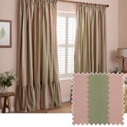 furn. Wylder Birdie Stripe Pencil Pleat Curtain Pair – Ruffled Cotton Striped Room Darkening Curtains (Pink/Green – Width 229 x Drop 229cm)
