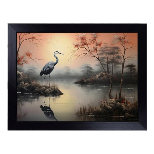 Lap Tray with Bean Bag Cushion, Heron Landscape - Handmade in the UK, Raised Wooden Edge, Padded Cushion, Heat-Resistant Wipe-Clean Surface, for Meals, Laptops and Crafts