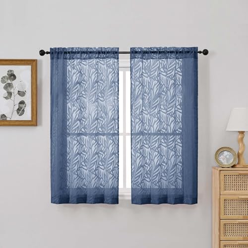 OVZME Dusty Blue Small Sheer Curtains 45 Inch Length 2 Panels, Light Filtering Soft Airy Cafe Curtains Dual Rod Pocket Design, Leaf Jacquard Farmhouse Window Drapes for Kitchen, 2x28Wx45L Inches