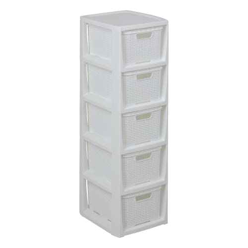 BranQ Home Essential Shelf in Rattan Design, BPA-Free Plastic PP (polypropylene), White, 29.5 x 24 x 80 cm, 5 Baskets