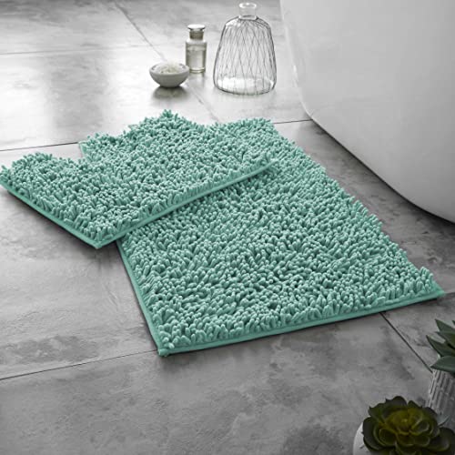 GC GAVENO CAVAILIA Luxury 2 Pieces Loop Bath Mat, Microfiber Bathroom Toilet Rug, Super Soft Anti Slip Pedestal Mat, Regular, Duck Egg, Regular (50x80, 50x40 cm) (678335)