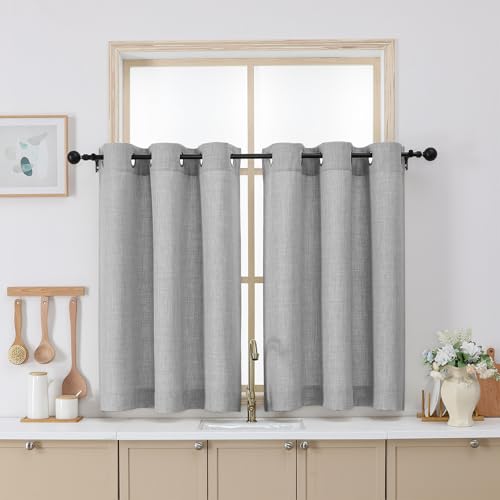 Chyhomenyc Light Grey Curtains 36 Inch Length, Light Filtering Faux Linen Textured Small Kitchen Window Curtains Over Sink, Grommet Short Cafe Curtain for Bathroom Basement, 40Wx36L, 2PCS