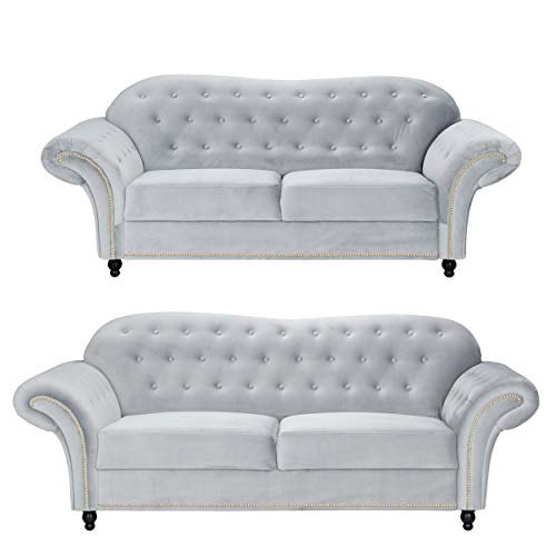Sofas and More Lyon Chesterfield Style French Velvet fabric 3 + 2 seater sofa Armchair Blue Silver Grey (Silver, 3+2 Seater)