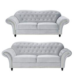 Sofas and More Lyon Chesterfield Style French Velvet fabric 3 + 2 seater sofa Armchair Blue Silver Grey (Silver, 3+2 Seater)