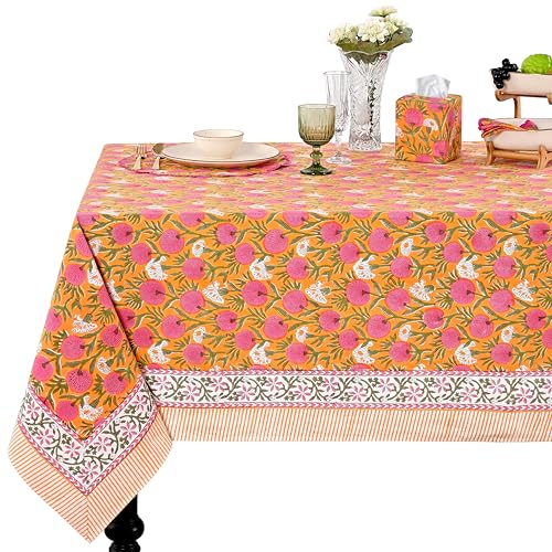 Ridhi -Bubblegum Pink Cotton Tablecloth, Handblock Print Floral Table Cloth for Kitchen Dining Linen I Thanksgiving, Christmas, Wedding, Fall D??cor 10 Seater 70X118 Inch Rectangle