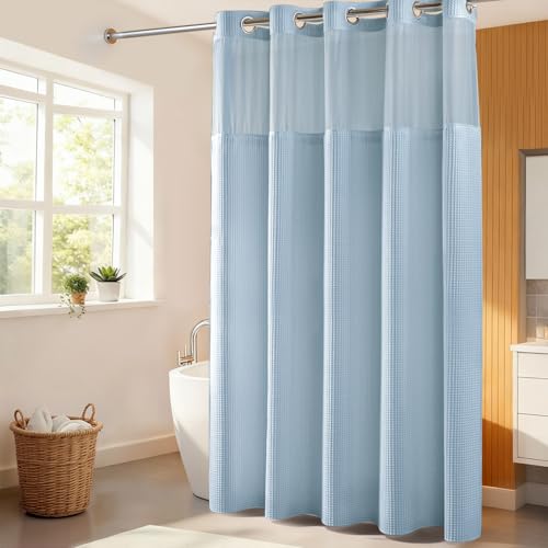 River Dream Cotton Blend Shower Curtain Set with Liner, Misty Blue, 71x74 - Waffle Weave, No Hook Needed, with Snap in Replacement Liner, Top Sheer Window, Hotel Quality Fabric for Bathroom