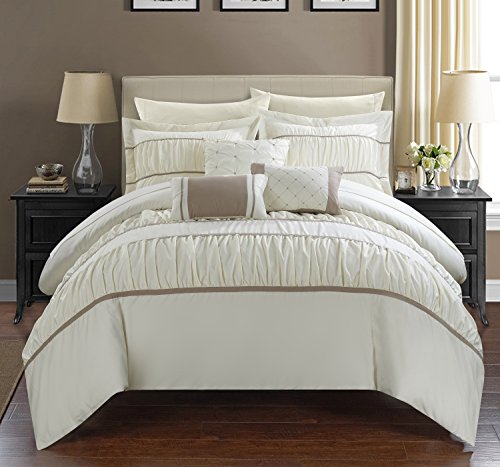 Chic Home 10 Piece Comforter Complete Bag Pleated Ruched Ruffled Bedding with Sheet Set and Decorative Pillows Shams Included, Microfiber, Beige, King