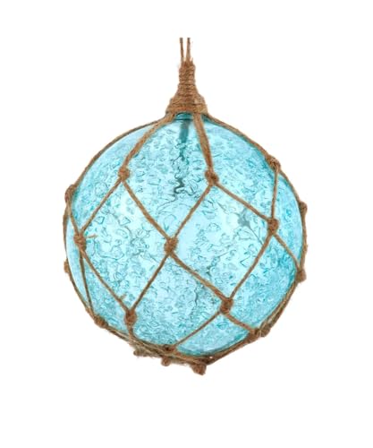 The Bridge Collection Blue Glass Buoy Style Ball Ornament - Glass Ball in Rope Buoy Ornament for Holiday Decor - Macrame Rope Fishing Float Christmas Ornament
