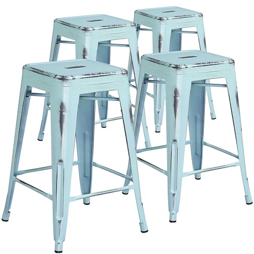"Flash Furniture Kai Commercial Grade 4 Pack 24"" High Backless Distressed Green-Blue Metal Indoor-Outdoor Counter Height Stool"
