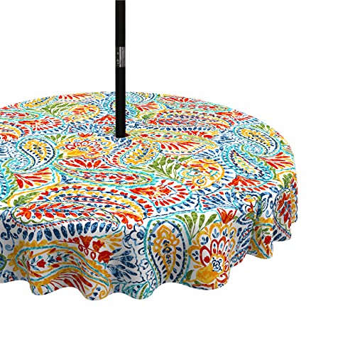 "LVTXIII Outdoor/Indoor Round Tablecloth, Patio Stain Resistant Table Covers with Umbrella Hole Picnic Table Cloth with Zipper for Patio Garden Buffet Table Decoration, 60"", Round, Paisley Multi"