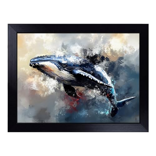 Lap Tray with Bean Bag Cushion, Whale Composition - Handmade in the UK, Raised Wooden Edge, Padded Cushion, Heat-Resistant Wipe-Clean Surface, for Meals, Laptops and Crafts