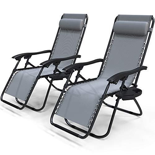 VOUNOT Zero Gravity Chair, Set of 2, Deck Folding Recliner Sun Loungers Outdoor Chair with Cup and Phone Holder, Grey