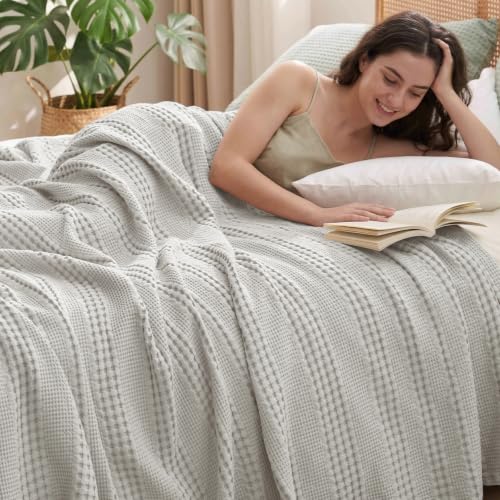 "PHF Cooling Waffle Blanket Queen Size, Lightweight 60% Rayon from Bamboo & 40% Cotton Breathable Blanket for Hot Sleepers, Summer Use, Soft Luxury for Bed Couch Sofa, 90""x90"", Grey"