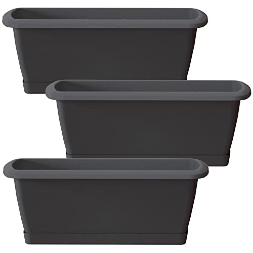 WELLHOME 3 x Planter Box with Plastic Stand in Anthracite Colour 49 (L) x 18.4 (W) x 14.5 (H) cm