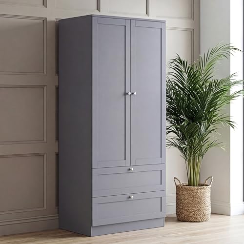 Vida Designs Altino 2 Door 2 Drawer Wardrobe - Grey - Bedroom Furniture - 170H x 77W x 53D cm - With Storage Shelf & Hanging Rail - Modern Storage Cupboard Units