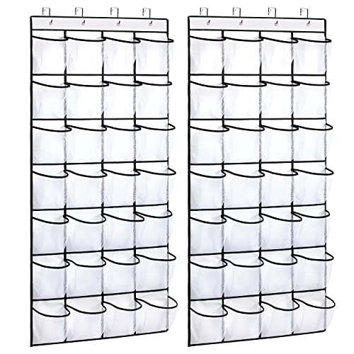 REGELETO 28 Pocket Over the Door Shoe Organizer, Hanging Shoe Rack for Door, Large Capacity Shoe Organizer Holder with 4 Metal Hooks (White-2Pack)