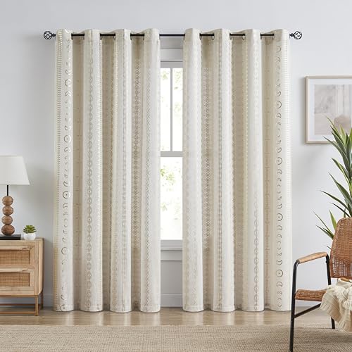 SXZJTEX Celestial Boho Gold Linen Curtains 95 Inches Bedroom Living Room - Celestial Ethnic Tribal Geometric Print, Semi Sheer Light Filtering, Grommet Top, 55W x 95L, 2 Panels, Easy Care