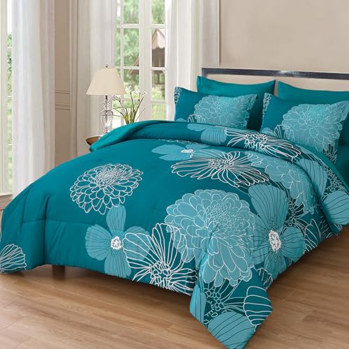 Yiran Full Comforter Set,Teal Elegant Floral Print Bed in a Bag 7 Pieces Comforter,Ultra Soft & Breathable Soft Microfiber Boho Bedding Set with Flat Sheet Fitted Sheet Pillowshams Pillowcases