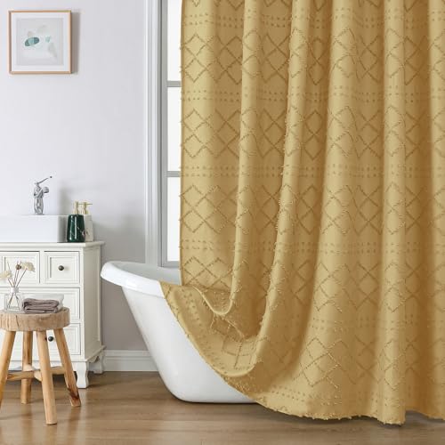 "Lecloud Gold Shower Curtain for Bathroom, Plaid Striped Tufted Textured Hotel Bathroom Decor Curtains, Farmhouse Boho Fabric Shower Curtain Set, 72"" W x 78"" L"