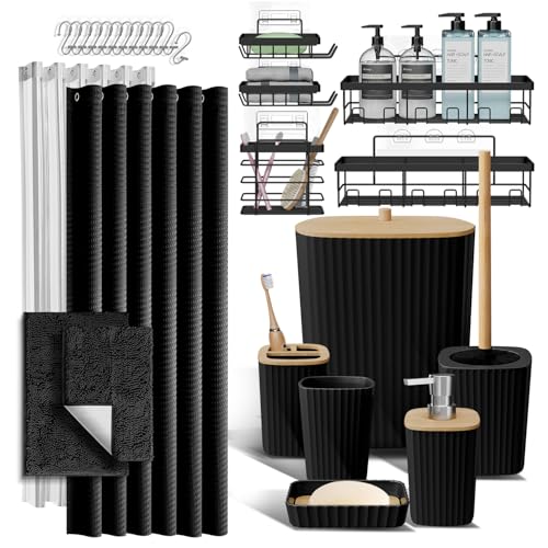 Shower Caddy and Bathroom Accessories Set with Bath Rugs 27PC Bathroom Accessory Set with Shower Caddies Black Bath Rugs, Shower Curtain Set, Toilet Brush, Trash Can, Soap Dispenser, Toothbrush holder