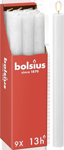 Bolsius Rustic Dinner Candles - White - Pack of 9 - Long Burning Time of 13 Hours - Interior Decoration - Unscented - Includes Natural Vegan Wax - 27 x 2.3 cm