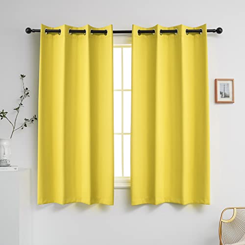 YGO Yellow Blackout Solid Curtains - Room Darkening Grommet Drapes Thermal Insulated Bright Yellow Color Small Window Curtains for Kids Room, 2 Panels Sets (52 x 45 Inches Long, Lemon Yellow)