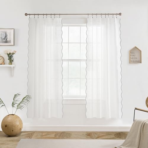 DriftAway Semi Sheer Scalloped Edge White Coastal Beach Window Curtains for Living Room Bedroom 2 Panels Rod Pocket Each Size 52 Inch by 63 Inch Gray