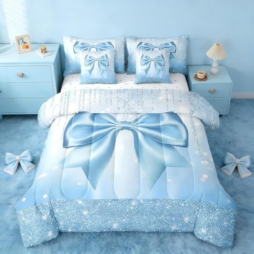 Feelyou Kids Cute Bowknot 7 Pieces Bedding Set Full Size, Dreamy Princess Comforter Set with Sheets Boys Girls Glitter Bed in A Bag Blue Bow Teens Bed Set Bedroom Decor 7Pcs