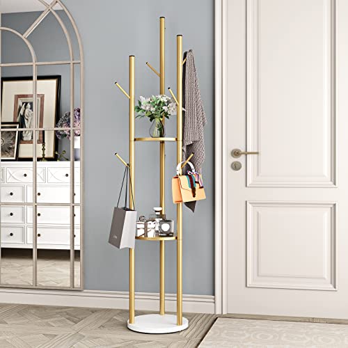 DOORXIFO Metal Gold Coat Stand Freestanding Coat Rack Hallway Tree Coat Rack for Hanging Hats, Scarves, Bags, Modern Coat Rack with Double Shelves, Corner Coat Rack, 9 Hooks