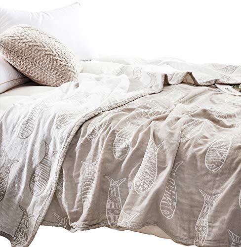 MEJU Fish Gray Muslin Lightweight Summer Blanket for Bed Sofa Couch 100% Combed Cotton 3 Layer Soft Warm Quick Dry Throw Blanket Bedspread Bed Coverlet Sheet Full Queen 80 in X 90 in