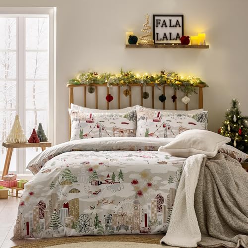 furn. Joy To All Duvet Cover Set – Reversible Christmas Bedding with Cities and Landmarks Design (Snow/Berry - Single)