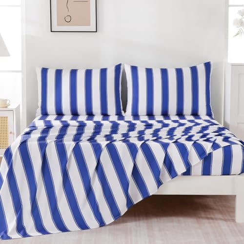 "MCO 4Pieces Striped Sheets Set, Breathable Full Sheet Set with 16"" Deep Pocket,Modern & Luxury, Brushed Microfiber Bedding Set(Full, Navy Blue)"